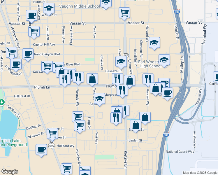 map of restaurants, bars, coffee shops, grocery stores, and more near 690 East Plumb Lane in Reno