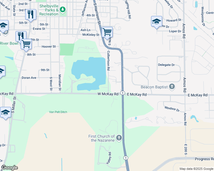 map of restaurants, bars, coffee shops, grocery stores, and more near 106 Lakeside Court in Shelbyville