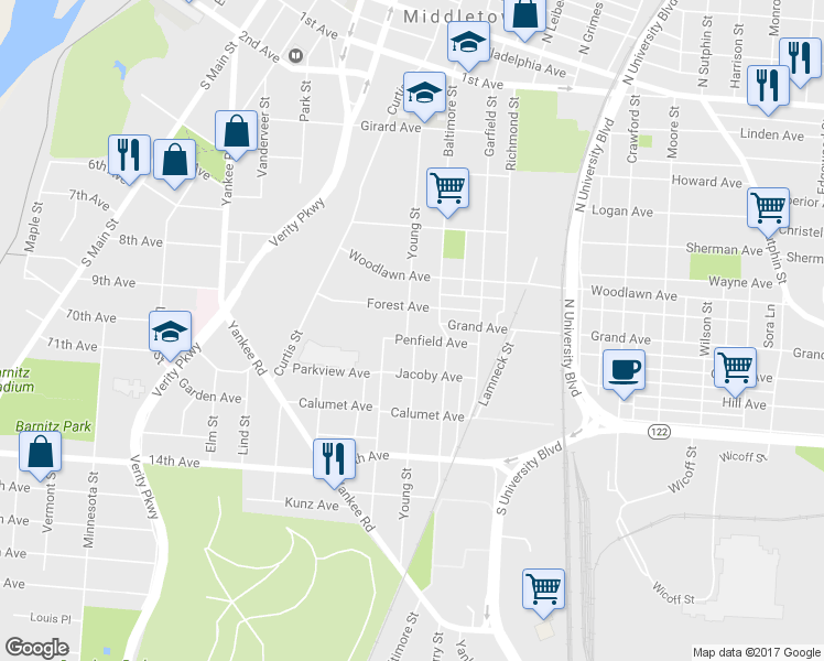 map of restaurants, bars, coffee shops, grocery stores, and more near 801 Young Street in Middletown