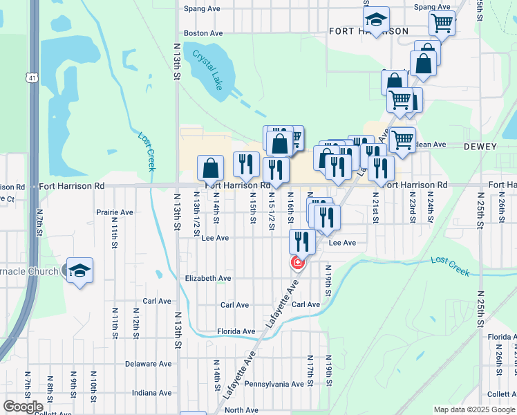 map of restaurants, bars, coffee shops, grocery stores, and more near 1500 Prairie Avenue in Terre Haute