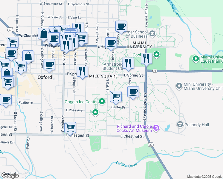 map of restaurants, bars, coffee shops, grocery stores, and more near 401 South Oak Street in Oxford