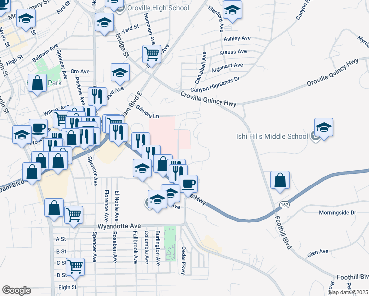 map of restaurants, bars, coffee shops, grocery stores, and more near 2845 Olive Hwy in Oroville