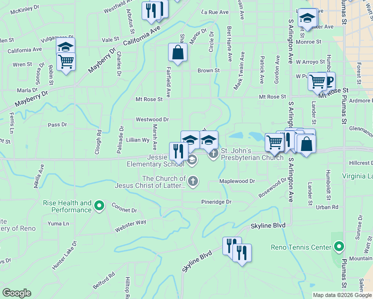 map of restaurants, bars, coffee shops, grocery stores, and more near 1880 Sharon Way in Reno