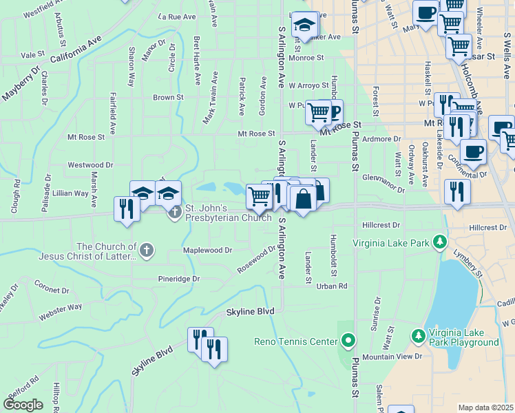 map of restaurants, bars, coffee shops, grocery stores, and more near 575 West Plumb Lane in Reno