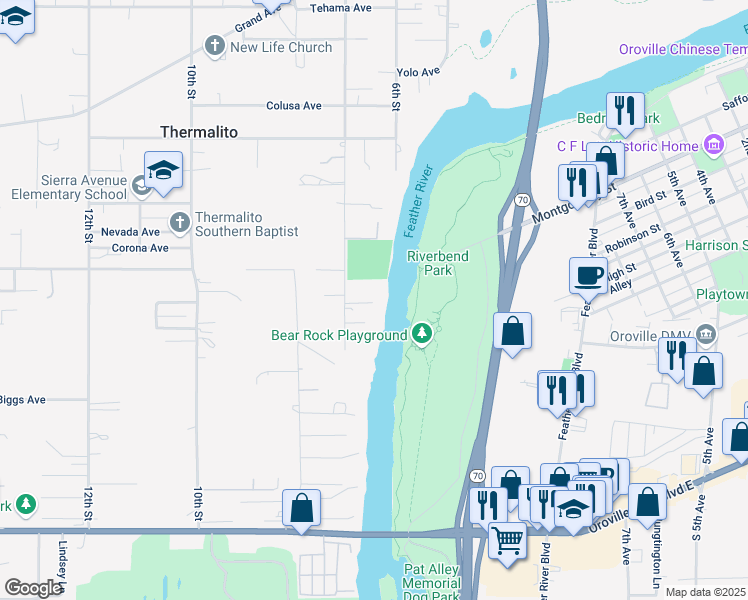 map of restaurants, bars, coffee shops, grocery stores, and more near 35 River Bluff Drive in Oroville
