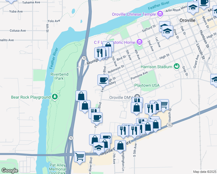 map of restaurants, bars, coffee shops, grocery stores, and more near 535 Pomona Avenue in Oroville