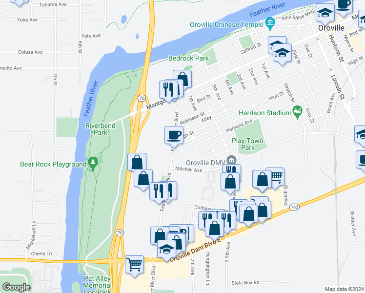 map of restaurants, bars, coffee shops, grocery stores, and more near 500 Pomona Avenue in Oroville