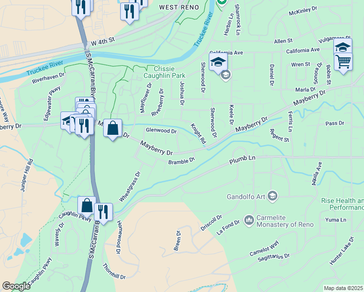 map of restaurants, bars, coffee shops, grocery stores, and more near 1485 Joshua Drive in Reno