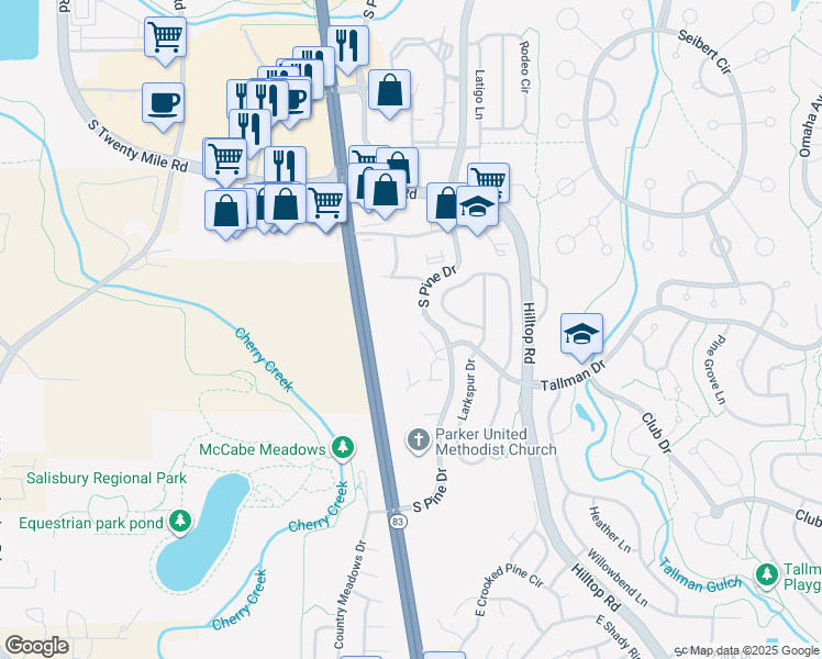 map of restaurants, bars, coffee shops, grocery stores, and more near 11605 Radiant Cir in Parker