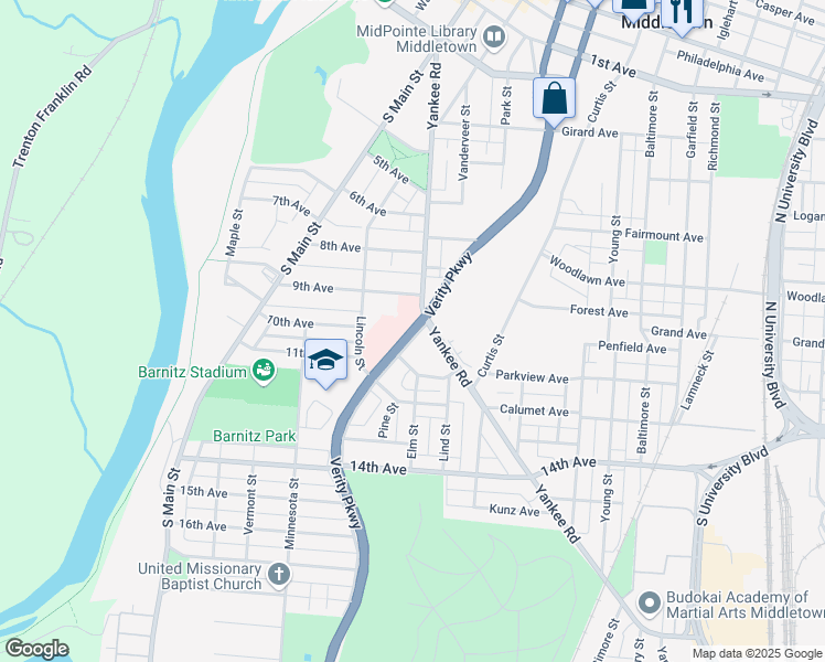 map of restaurants, bars, coffee shops, grocery stores, and more near 1036 South Verity Parkway in Middletown