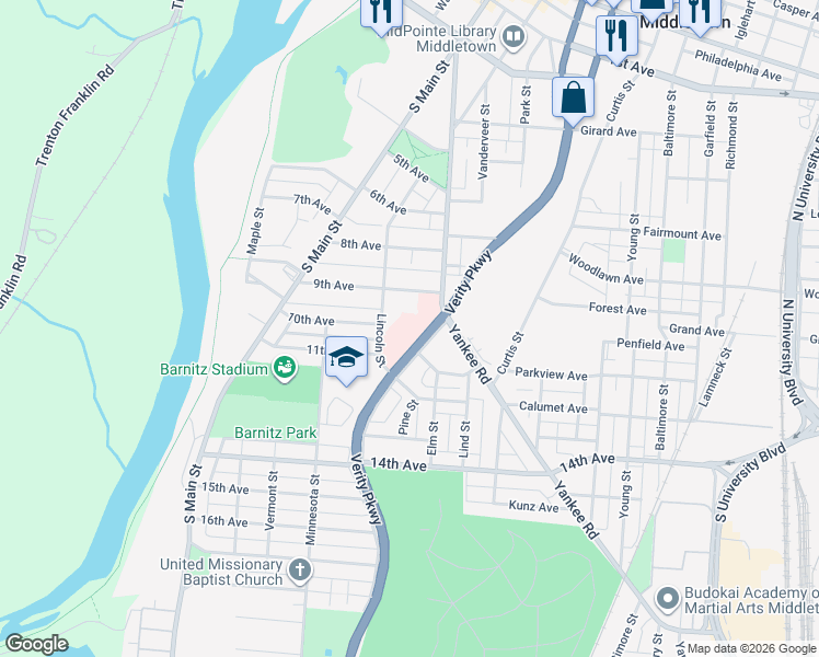 map of restaurants, bars, coffee shops, grocery stores, and more near 1036 South Verity Parkway in Middletown
