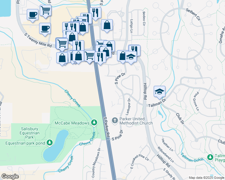 map of restaurants, bars, coffee shops, grocery stores, and more near 11640 Solar Circle in Parker