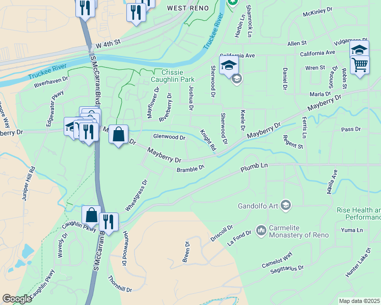 map of restaurants, bars, coffee shops, grocery stores, and more near 1485 Joshua Drive in Reno