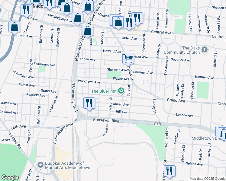 map of restaurants, bars, coffee shops, grocery stores, and more near 615 Wilson Street in Middletown