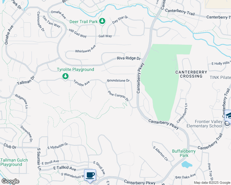 map of restaurants, bars, coffee shops, grocery stores, and more near 11602 Pine Canyon Drive in Parker