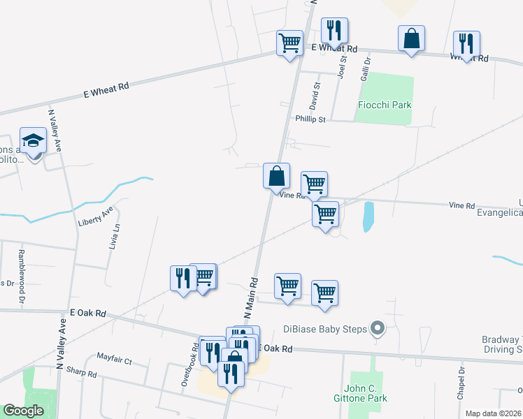 map of restaurants, bars, coffee shops, grocery stores, and more near 1450 North Main Road in Vineland