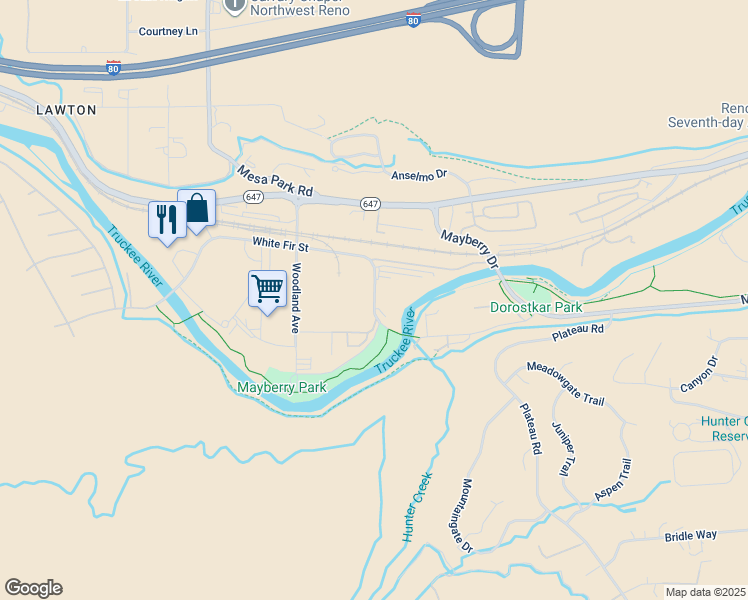 map of restaurants, bars, coffee shops, grocery stores, and more near 7797 White Fir Street in Reno