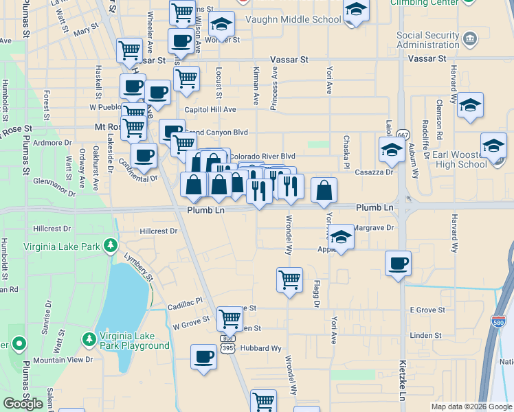 map of restaurants, bars, coffee shops, grocery stores, and more near E Plumb Ln & Kirman Ave in Reno
