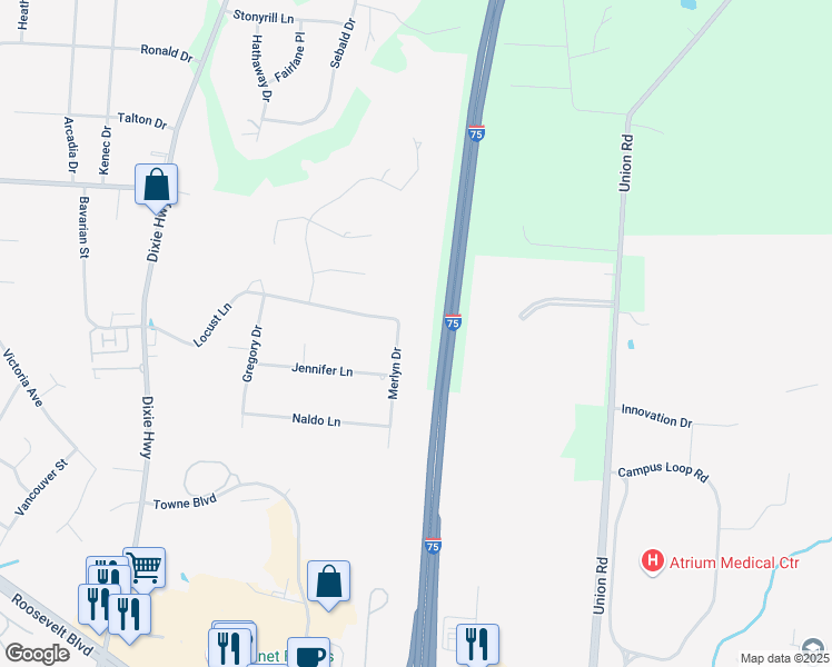 map of restaurants, bars, coffee shops, grocery stores, and more near 4198 Merlyn Drive in Middletown