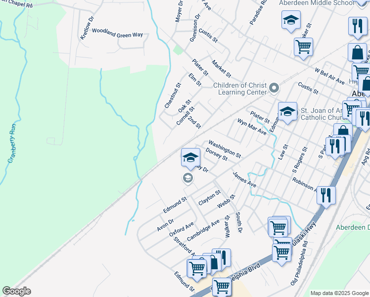 map of restaurants, bars, coffee shops, grocery stores, and more near 502 Eastern Court in Aberdeen