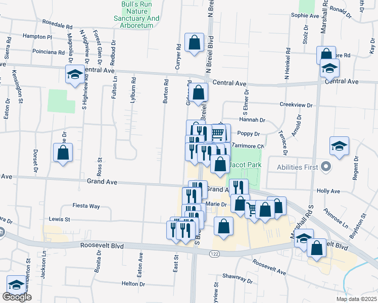 map of restaurants, bars, coffee shops, grocery stores, and more near 500 South Breiel Boulevard in Middletown