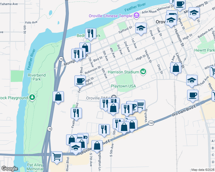 map of restaurants, bars, coffee shops, grocery stores, and more near 765 Gardella Avenue in Oroville