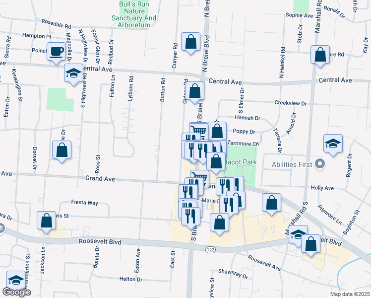 map of restaurants, bars, coffee shops, grocery stores, and more near 500 South Breiel Boulevard in Middletown