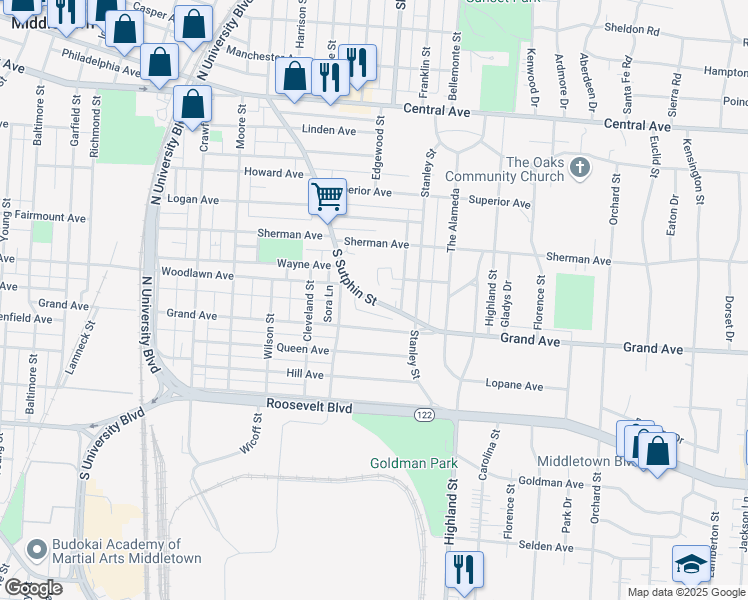 map of restaurants, bars, coffee shops, grocery stores, and more near 2408 South Sutphin Street in Middletown