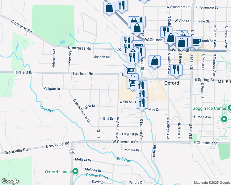 map of restaurants, bars, coffee shops, grocery stores, and more near 640 McGuffey Avenue in Oxford