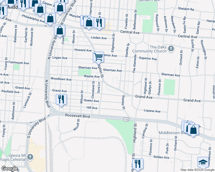 map of restaurants, bars, coffee shops, grocery stores, and more near 2310 South Sutphin Street in Middletown