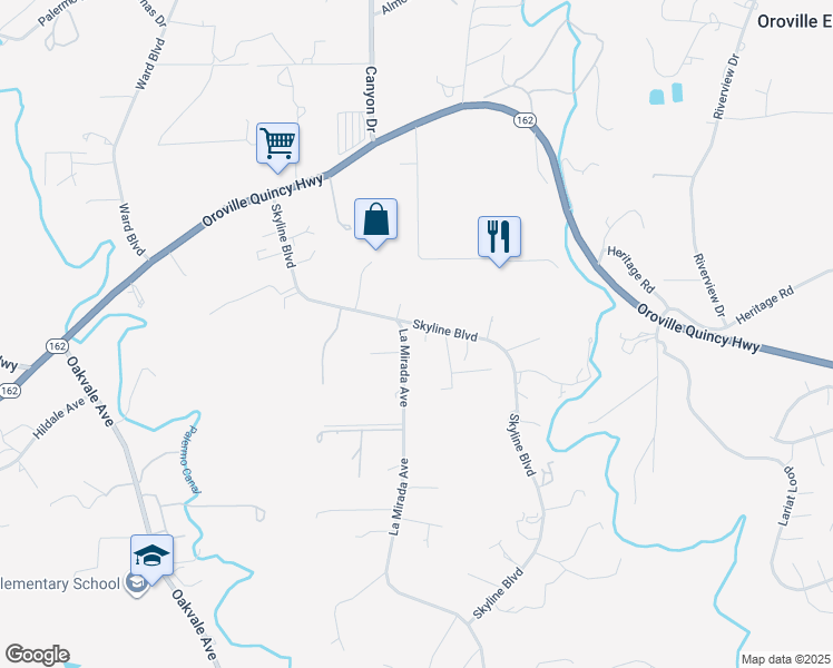 map of restaurants, bars, coffee shops, grocery stores, and more near 25 La Mirada Avenue in Oroville