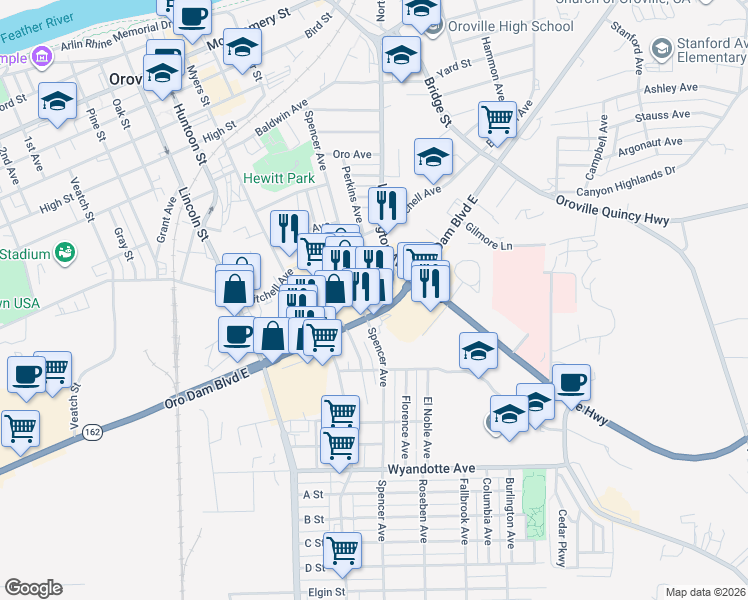 map of restaurants, bars, coffee shops, grocery stores, and more near 2470 Oroville Dam Boulevard East in Oroville