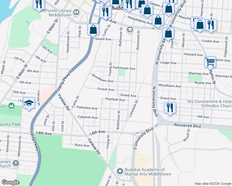 map of restaurants, bars, coffee shops, grocery stores, and more near 704 Baltimore Street in Middletown