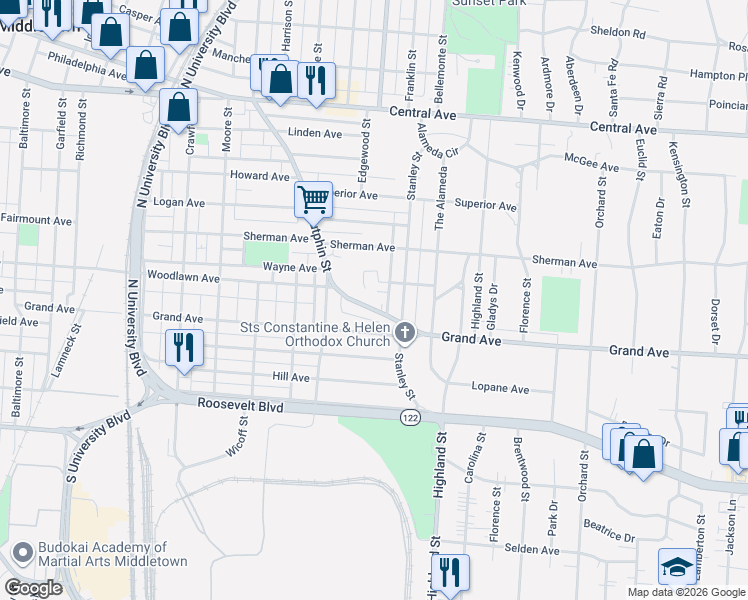 map of restaurants, bars, coffee shops, grocery stores, and more near 2408 South Sutphin Street in Middletown