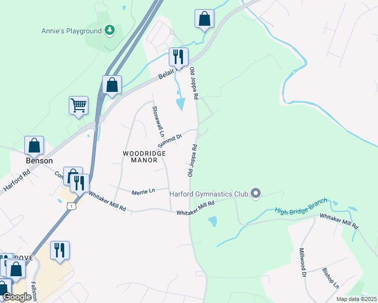 map of restaurants, bars, coffee shops, grocery stores, and more near 342 Old Joppa Road in Fallston