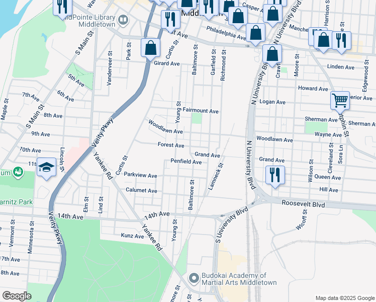 map of restaurants, bars, coffee shops, grocery stores, and more near 702 Baltimore Street in Middletown