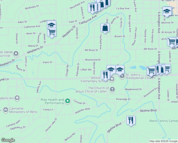 map of restaurants, bars, coffee shops, grocery stores, and more near 1435 West Plumb Lane in Reno