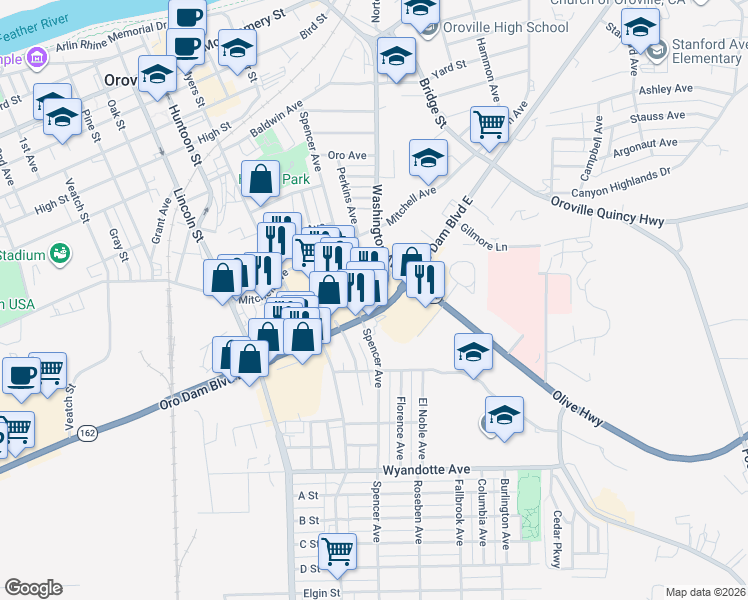 map of restaurants, bars, coffee shops, grocery stores, and more near 2470 Oroville Dam Boulevard East in Oroville