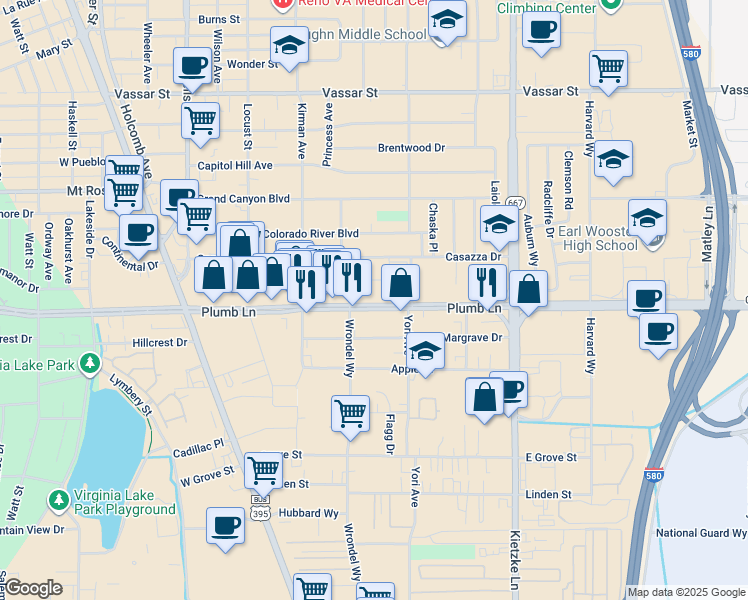 map of restaurants, bars, coffee shops, grocery stores, and more near 560 East Plumb Lane in Reno