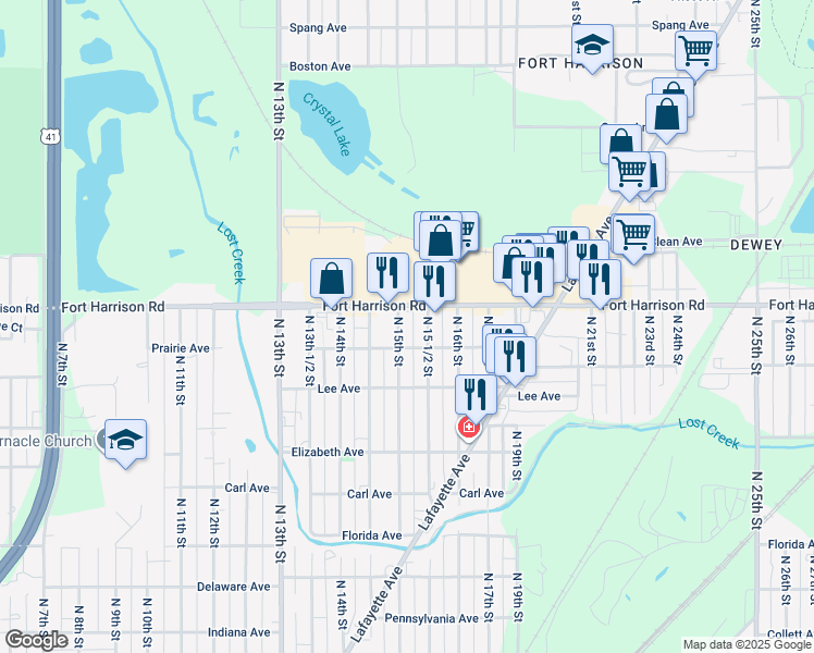 map of restaurants, bars, coffee shops, grocery stores, and more near 1500-1548 Prairie Avenue in Terre Haute