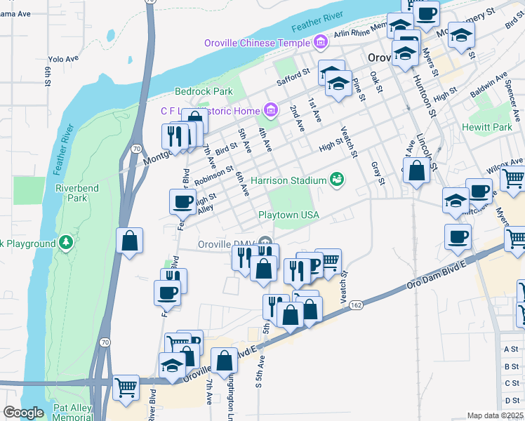 map of restaurants, bars, coffee shops, grocery stores, and more near 765 Gardella Avenue in Oroville