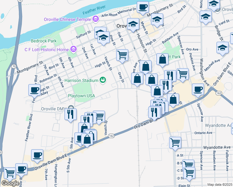 map of restaurants, bars, coffee shops, grocery stores, and more near 2218 Veatch Street in Oroville