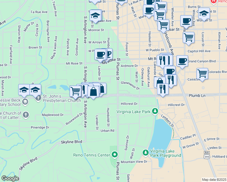 map of restaurants, bars, coffee shops, grocery stores, and more near 1987 Plumas Street in Reno
