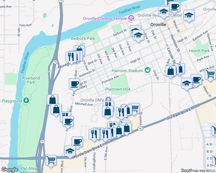 map of restaurants, bars, coffee shops, grocery stores, and more near 1872 5th Avenue in Oroville