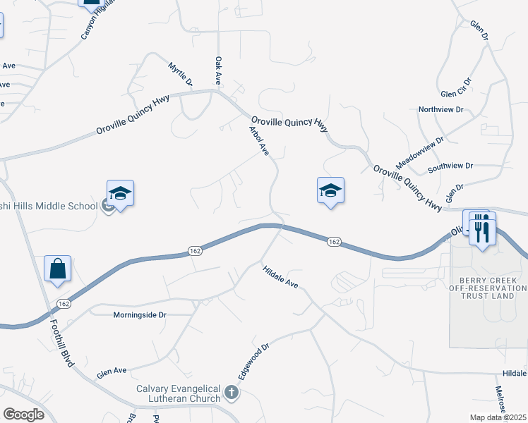 map of restaurants, bars, coffee shops, grocery stores, and more near 54 Arbol Avenue in Oroville