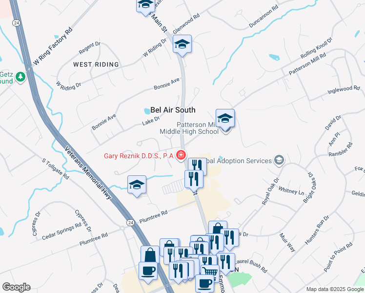map of restaurants, bars, coffee shops, grocery stores, and more near 1 Patterson Mill Road in Bel Air