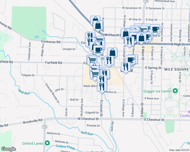 map of restaurants, bars, coffee shops, grocery stores, and more near 260 South Locust Street in Oxford