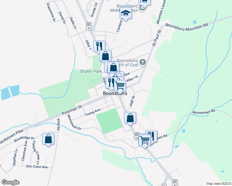 map of restaurants, bars, coffee shops, grocery stores, and more near 2 South Main Street in Boonsboro