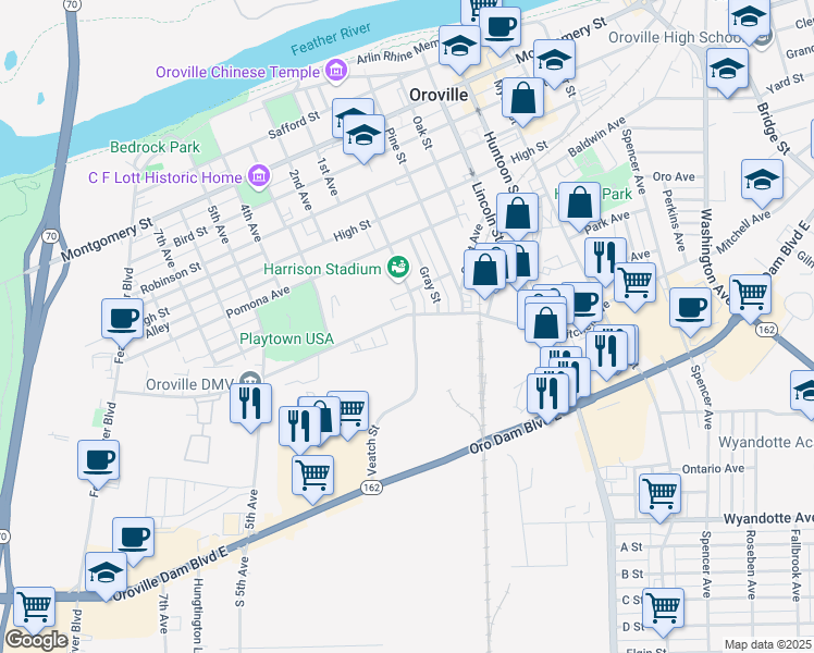 map of restaurants, bars, coffee shops, grocery stores, and more near 2218 Veatch Street in Oroville
