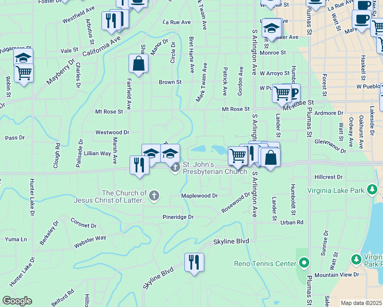 map of restaurants, bars, coffee shops, grocery stores, and more near 1077 Dartmouth Drive in Reno